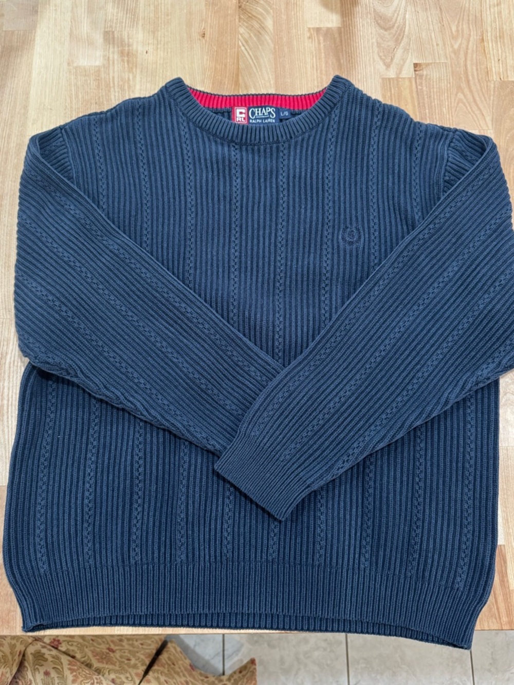 1990s Vintage Chaps Ralph Lauren Men’s Navy Cable Knit Crewneck Sweater